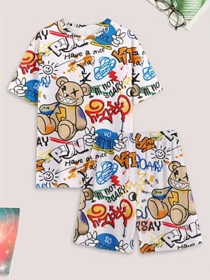 Set pigiama casual da uomo, t-shirt e pantaloncini con stampa orso e lettere, comodo abbigliamento da notte estivo