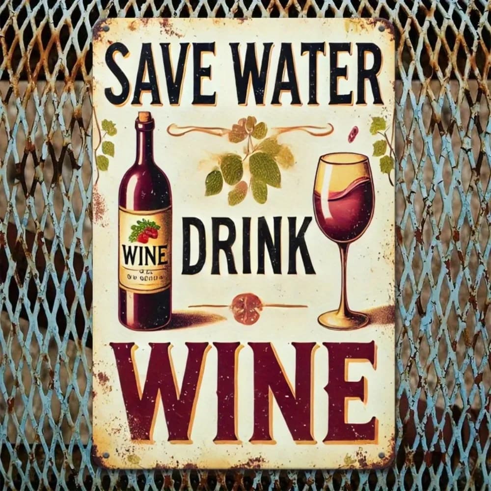 2D Flat Rustic Aluminum Hanging Wall Decor Witty "Save Water Drink Wine" Slogan With Bottle Glass Pattern for Bar Kitchen