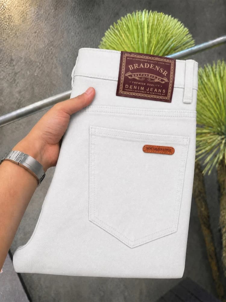 Men White Stretch Tapered Cropped Jeans Slim Fit Ankle Length Denim Pants Business Casual Minimalist Solid Color Daily Trousers