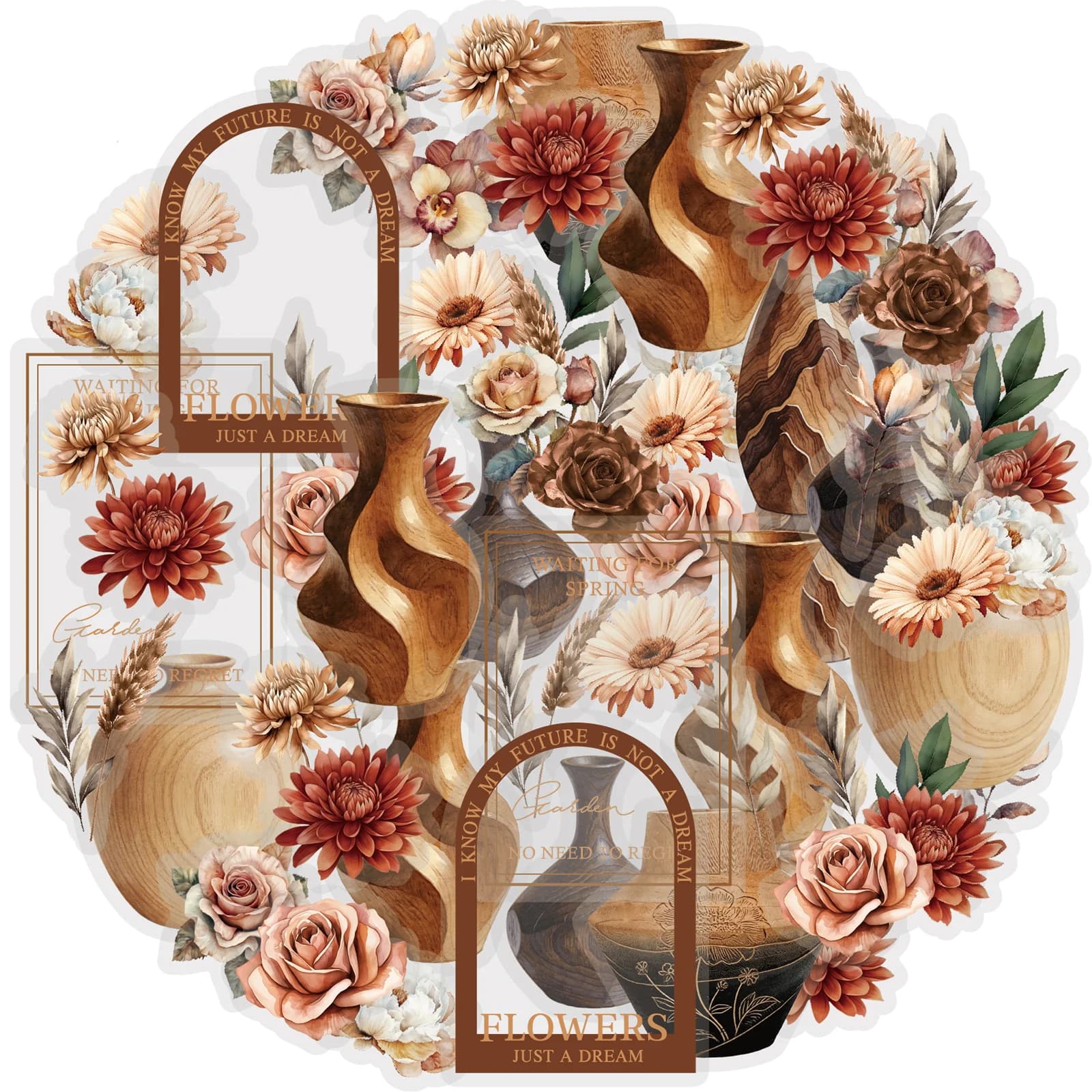 Etori Life Brown Floral Sandalwood 20 pezzi Adesivi in legno con texture vintage in tonalità marrone per vasi, animali domestici, decorazioni per laptop, adesivi per telefoni, valigie, materiali per scrapbooking, accessori per decorazioni d'ufficio, decorazioni per la stanza, opere d'arte fai da te, sacchetti regalo, creazione di biglietti, regali di compleanno, adesivi per giocattoli, adesivi resistenti all'acqua