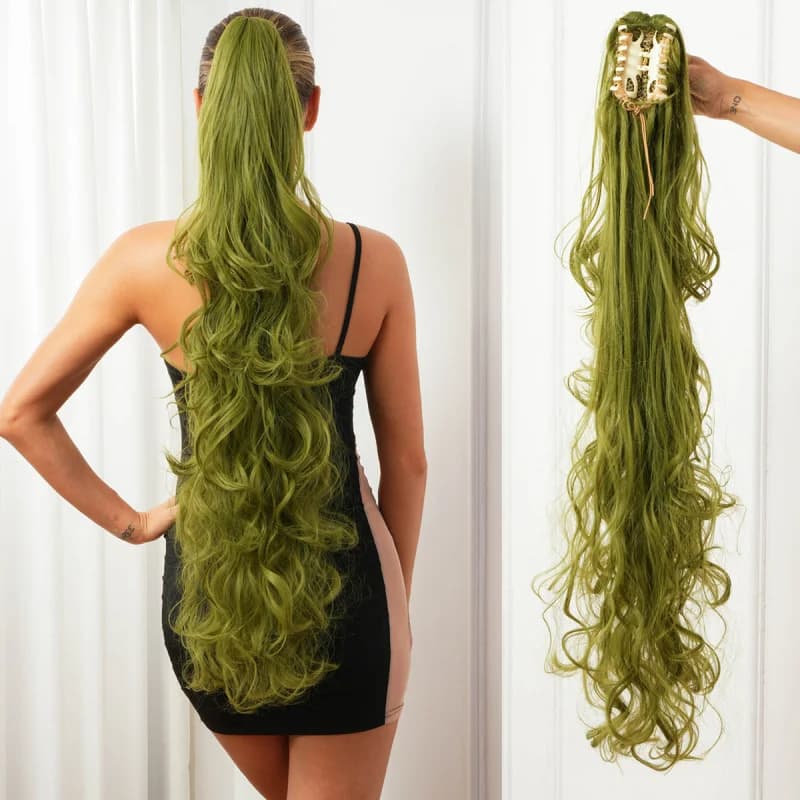 Parrucca da donna con clip a becco d'oca, stile europeo e americano, capelli lunghi ricci, coda di cavallo ondulata, voluminosa, naturale, alla moda, invisibile e senza cuciture
