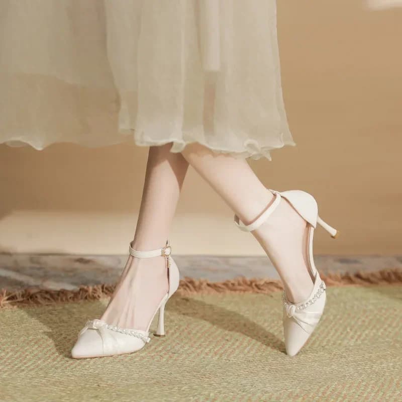 Fashion Widen Chubby Feet Sandals Pearl Ankle Buckle High Heels Plus Small Size 31 32 33-44 Women Wedding Party Shoes Sandalias