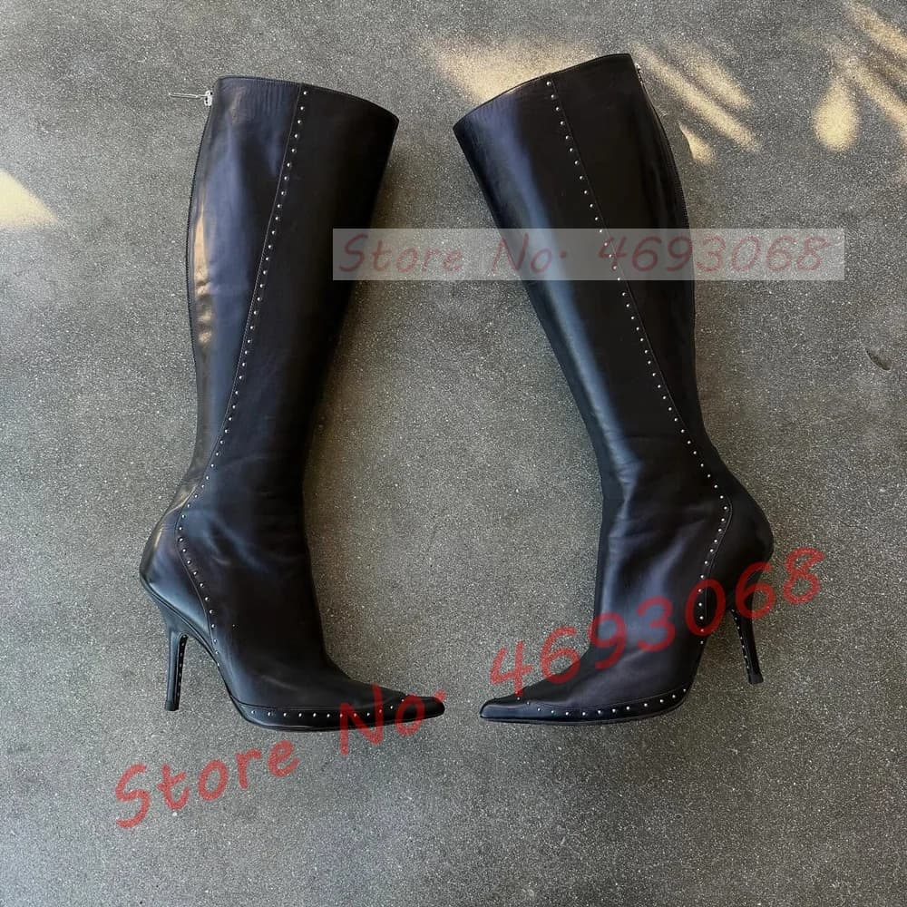 Stivali Neri al Ginocchio con Borchie da Donna, Sexy, a Punta, con Rivetti, Tacco Alto, da Ufficio, con Cerniera Posteriore, Casual, Lunghi