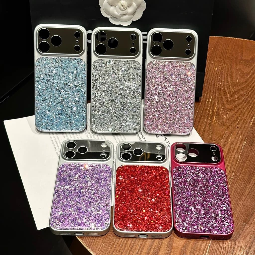 Luxury Bling Sequins Glitter Big Window Mirror Camera Frame Shockproof Protective Phone Cover Case for iPhone 17 16 15 Pro Max