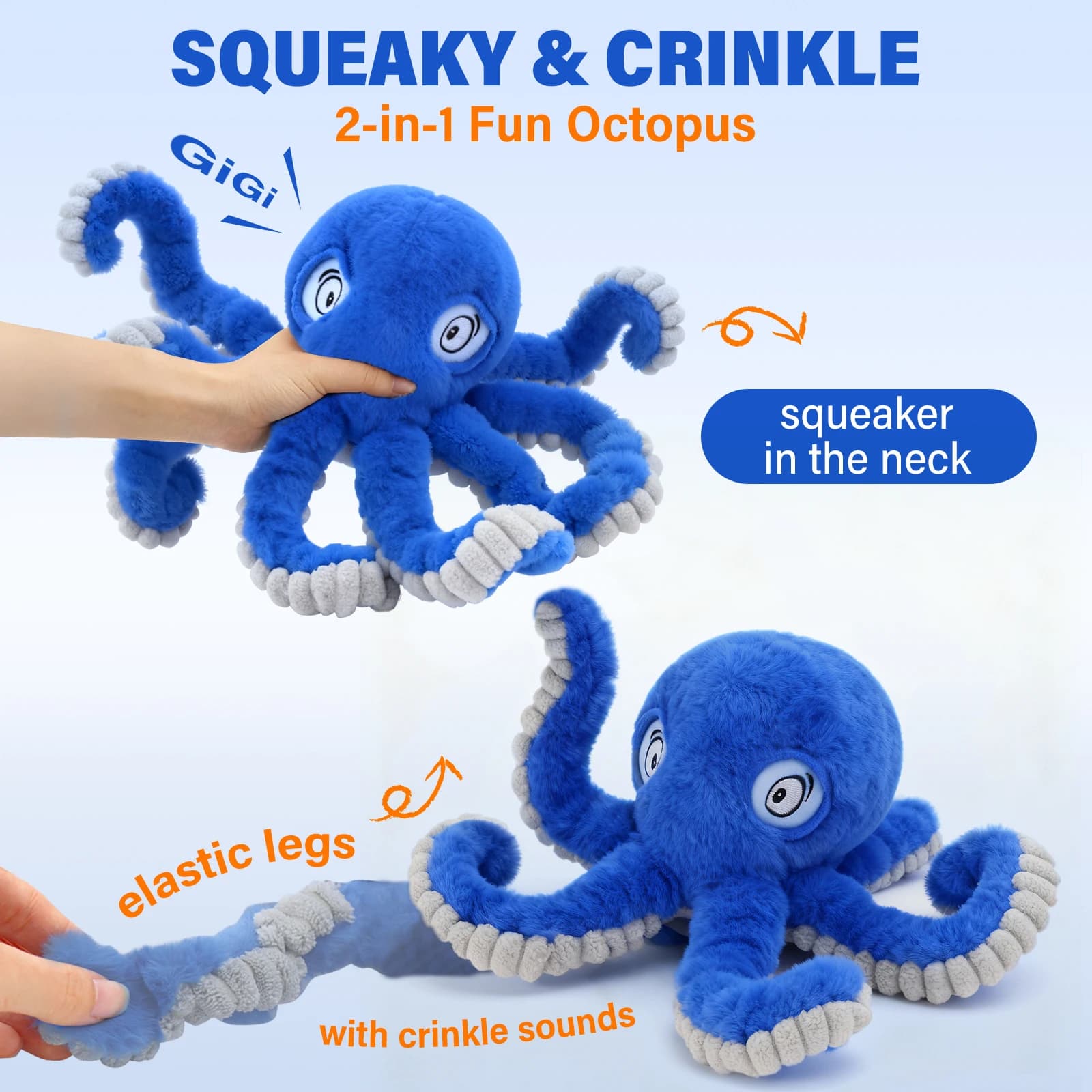 Giocattolo Sonoro a Forma di Polpo per Cani: Peluche Interattivo con Effetto Sfrigolante per Cani Piccoli e Grandi, Cuccioli Blu