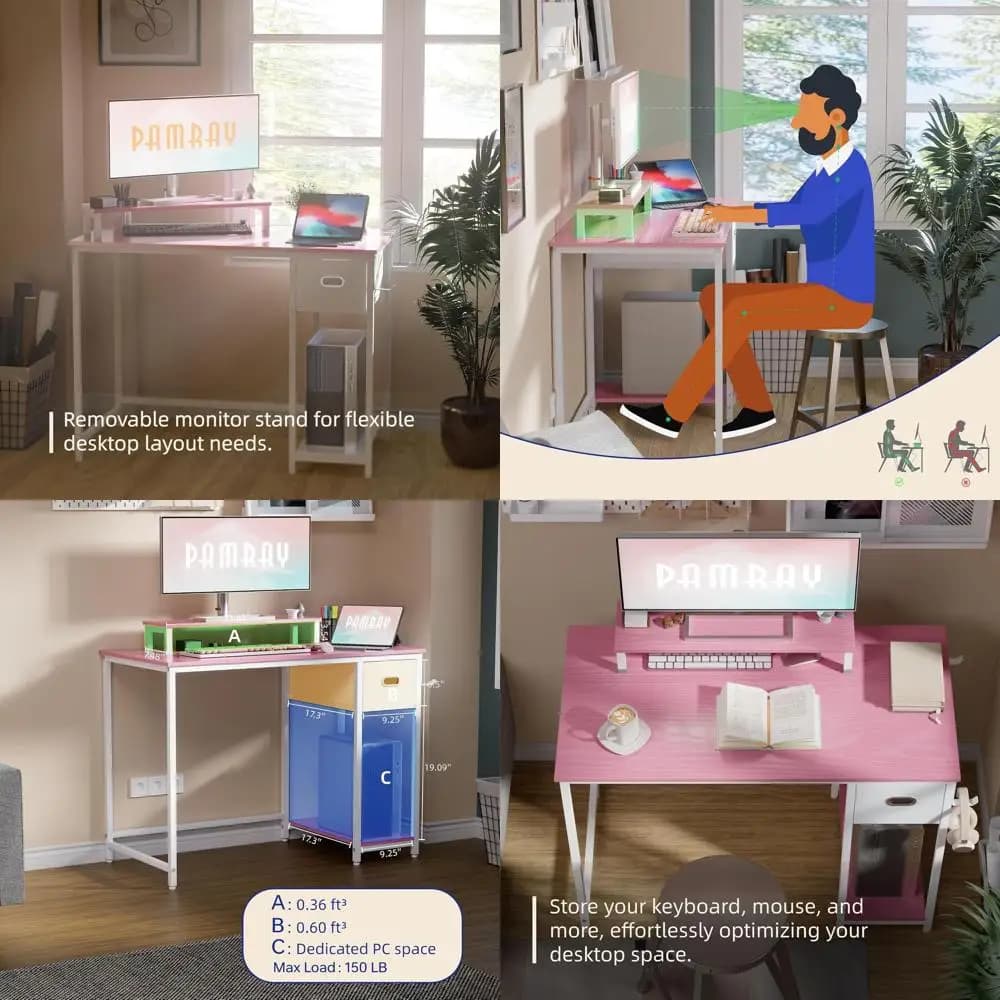 Office desk pink 39 with monitor support, storage drawer, bedroom or study