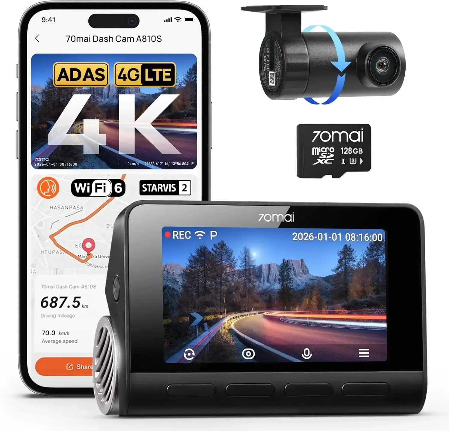 A810S Dash Cam Dual 4K Anteriore e Posteriore, STARVIS 2 HDR Super Visione Notturna, Rilevamento Movimento AI e Parcheggio 24/7, GPS Integrato, Wi-Fi