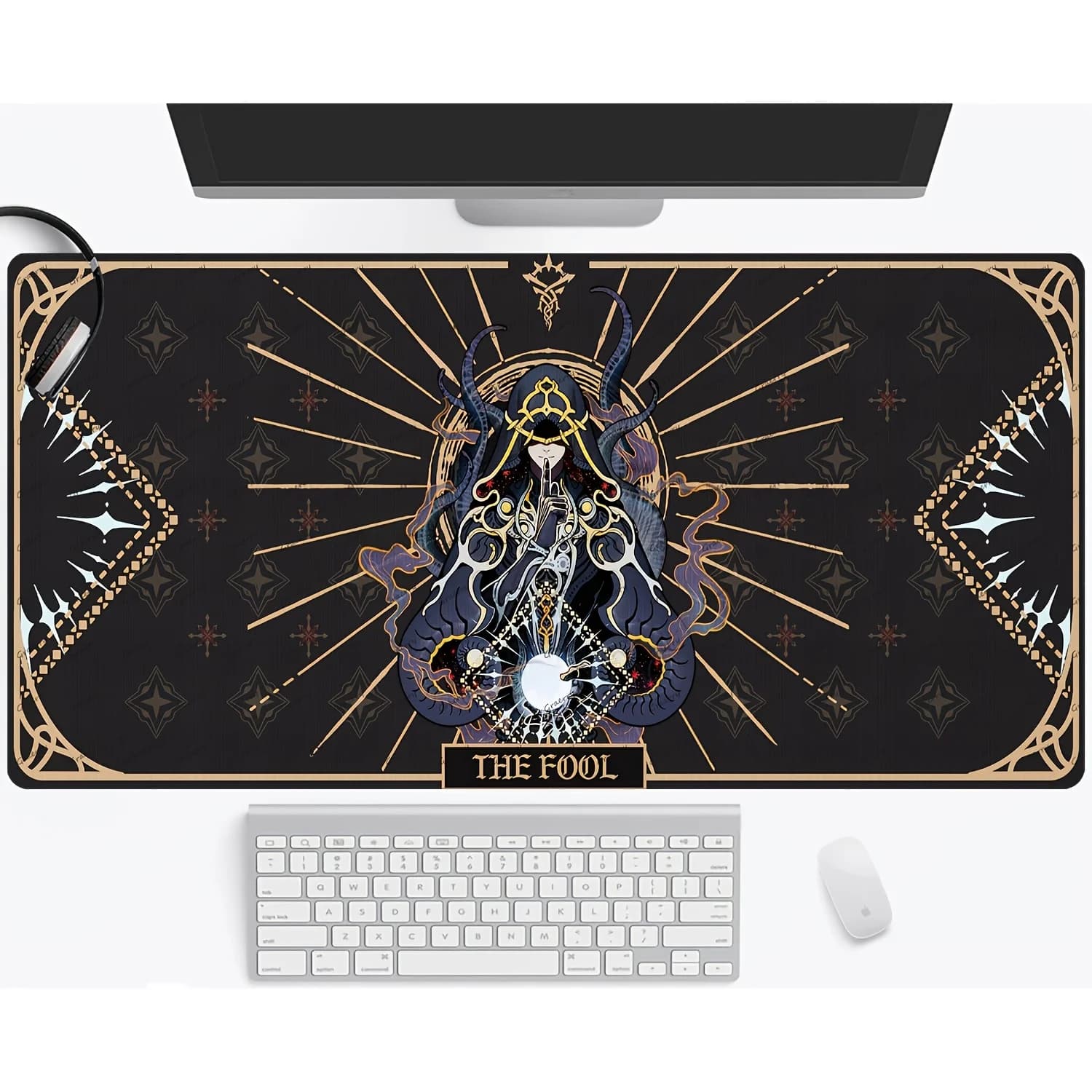 Tappetino per mouse da gioco oversize con motivo The Fool Tarot, tappetino da scrivania in gomma antiscivolo, design mistico per ufficio e casa