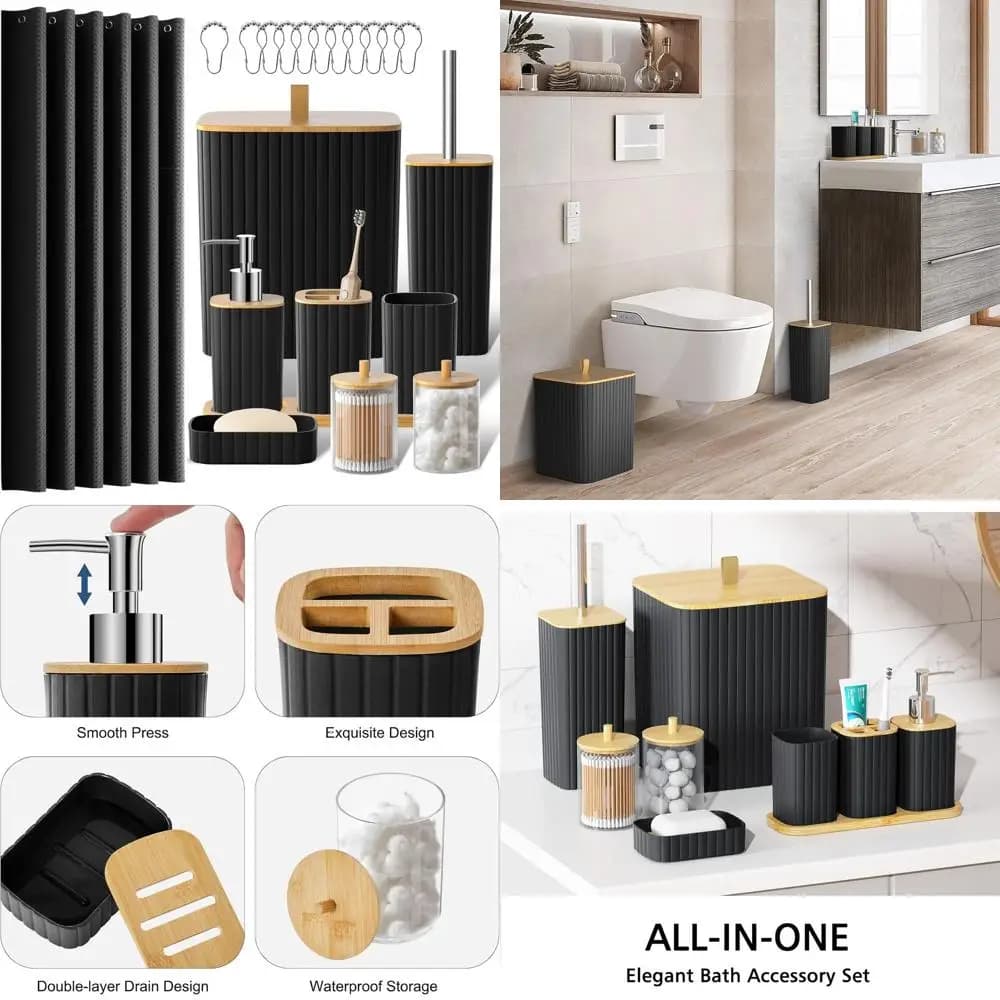 Set di accessori da bagno neri da 22 pezzi: tenda da doccia, cestino della spazzatura, porta scopino e dispenser di sapone per un bagno domestico elegante