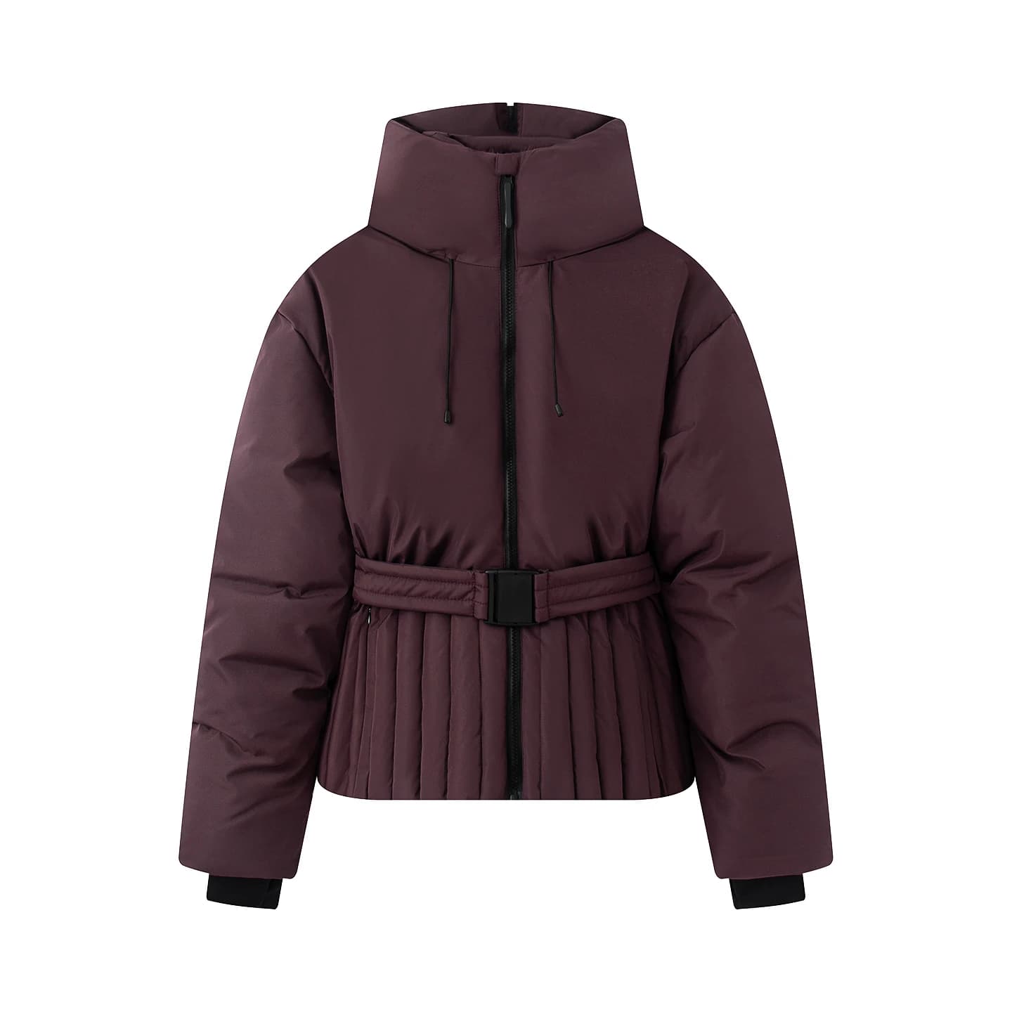 2026 Women's Elegant Hooded Zipper Burgundy Skiing Padded Snow Sports Coats Lady Chic Thicken Warm Windproof Jackets Parkas Belt