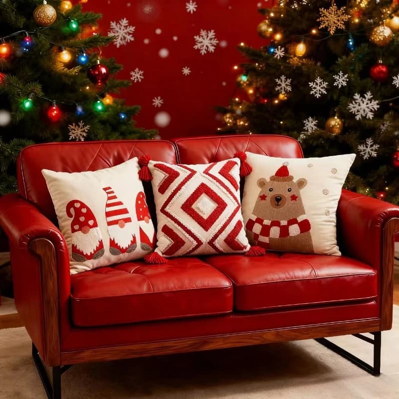 Merry Christmas Cushion Cover Cartoon Embroidery Geometric Diamond Tufting Pillow Covers