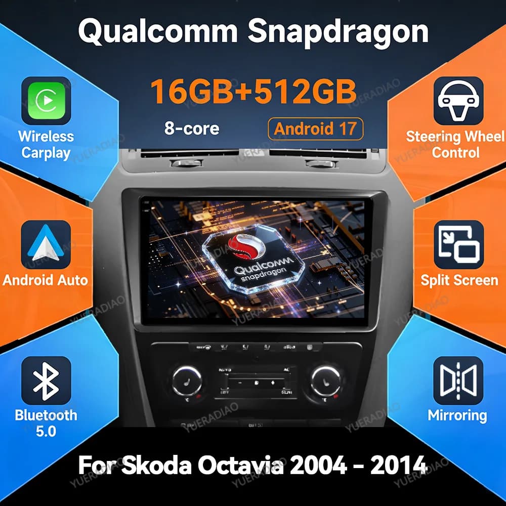Android 17 Car Radio For Skoda Octavia 2004 - 2014 Multimedia Stereo Video Player 2K QLED GPS NAVI AI Voice CarPlay Auto 4G WIFI