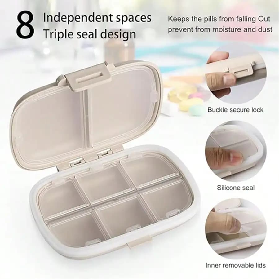 Scatola portapillole portatile a 8 scomparti, scatola sigillata per vitamine da viaggio, piccola scatola portatile per medicinali, dispenser per vitamine e integratori per la casa, organizer per pillole, essenziale per i viaggi