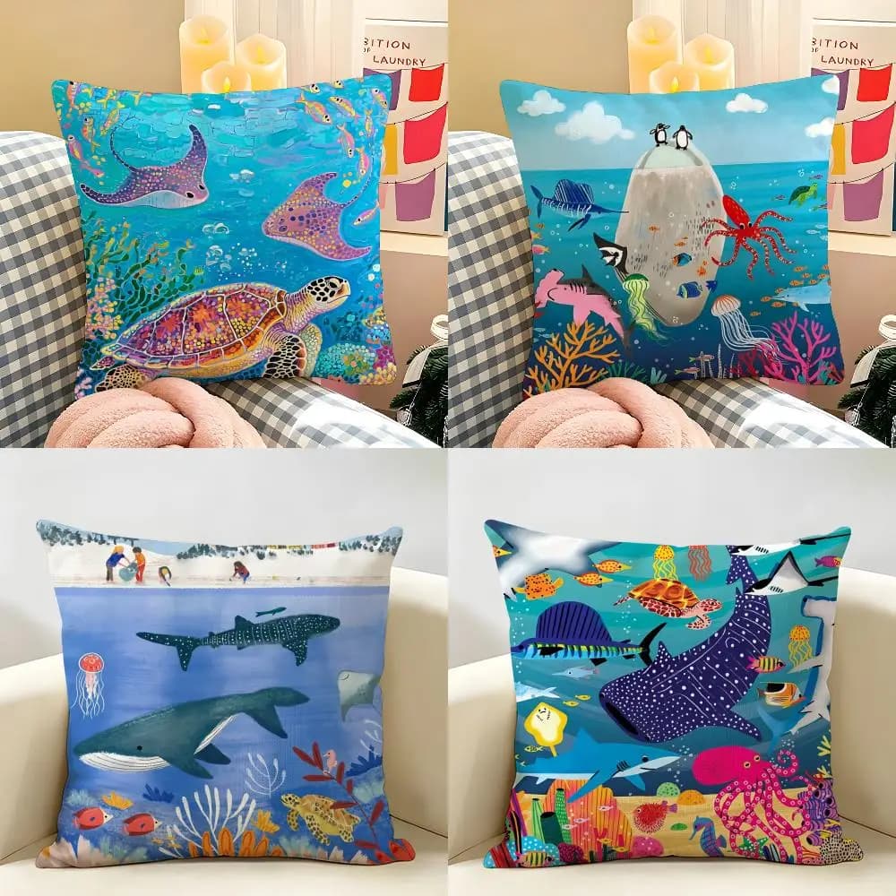 Marine Animals Summer Ins Cushion Cover Natural Linen Organic Fabric Double-Sided Printing Room Sofa Decor Pillow Case