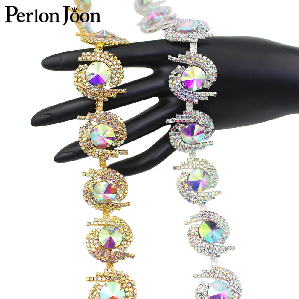 1 Yard cristallo strass catena di metallo rotondo oro argento per abito da sposa decorazione borsa scarpe gioielli accessori artigianali ML213