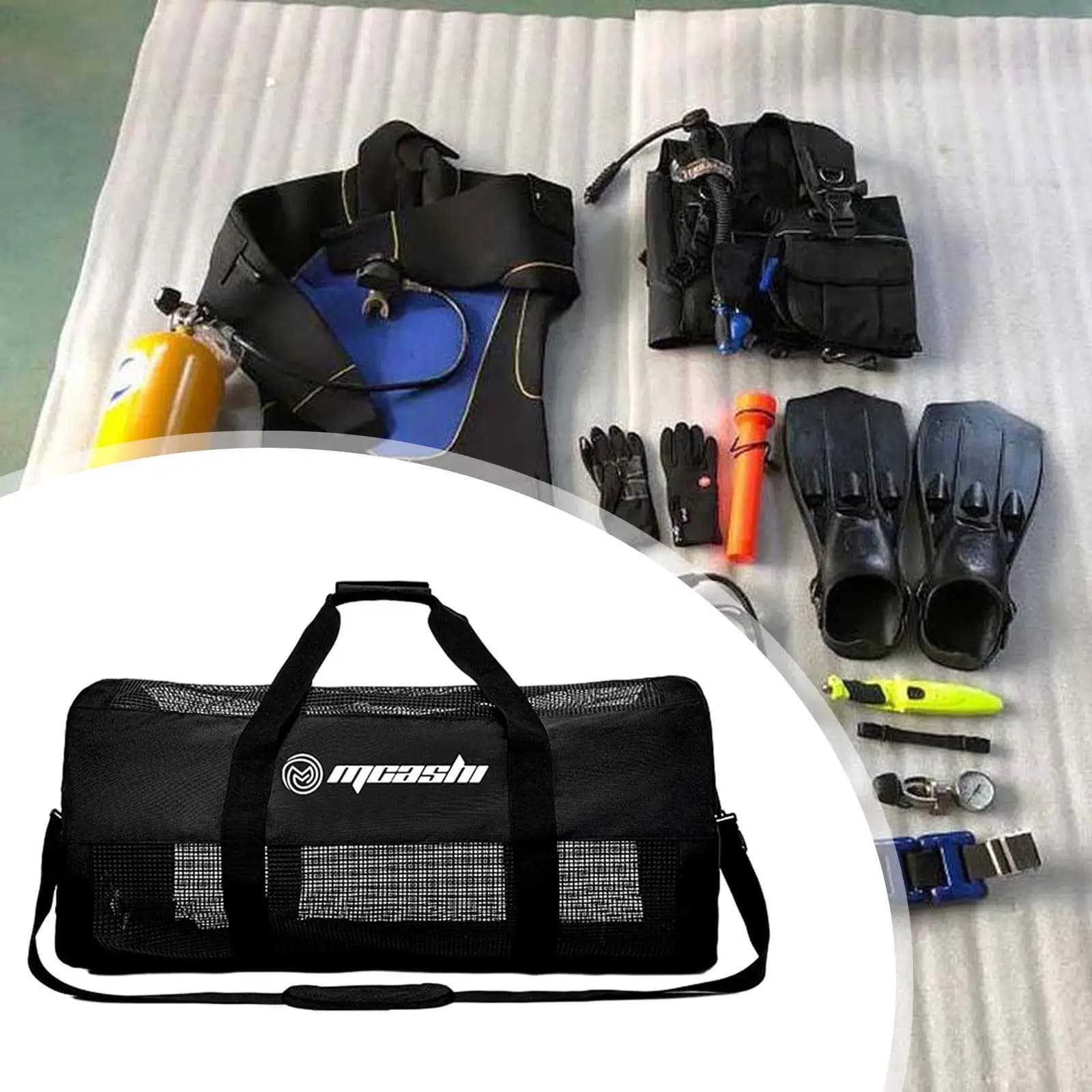 Borsa da Immersione 60L con Tracolla Regolabile e Tasca in Rete per Nautica, Subacquea, Spiaggia e Snorkeling
