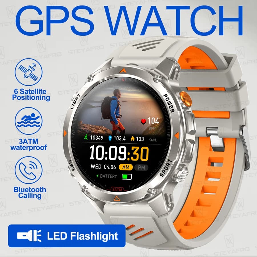 GPS Smartwatch LED Flashlight for Military Outdoor Sports, Battery 540 MAH, Waterproof 3ATM compass, Bluetooth call for Android iOS