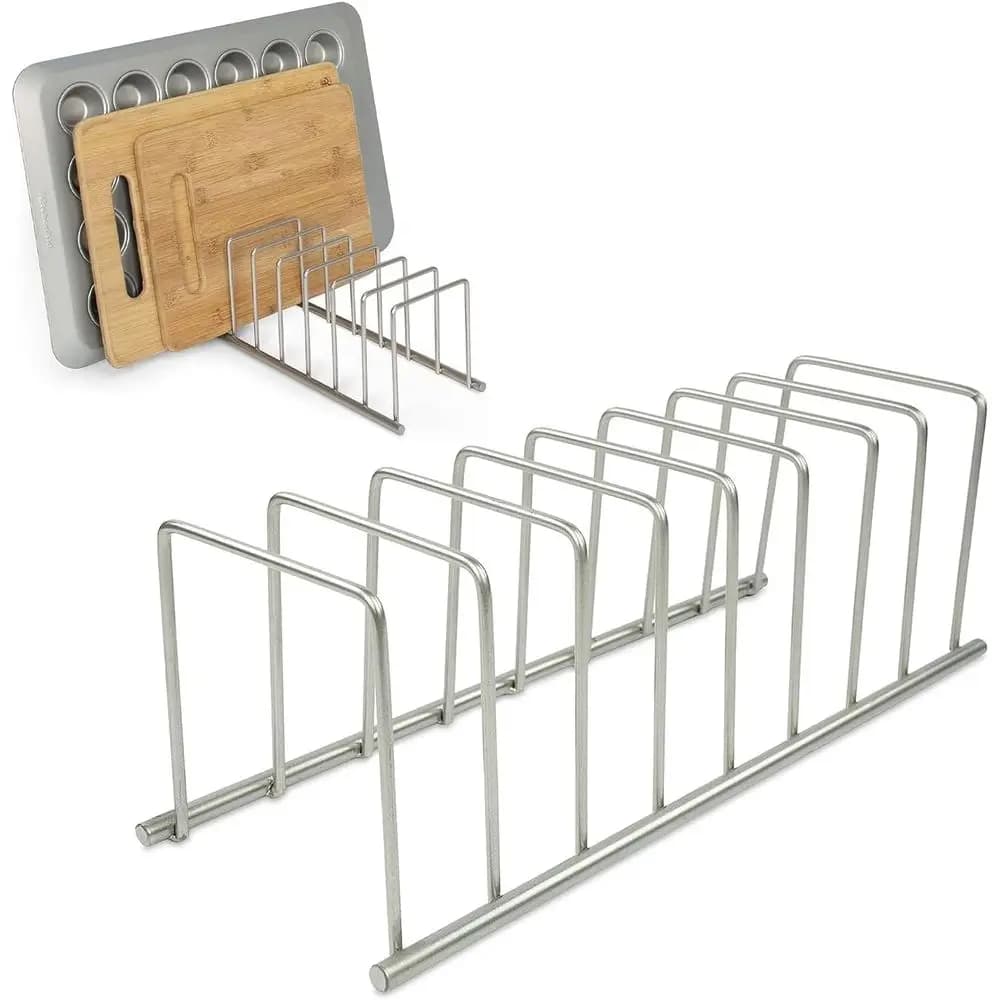 Kitchen Organizer Metal Dish Rack Cutting Board Holder Stand, 8 Slot Plate Drying Rack or Bakeware Storage, Satin Nickel