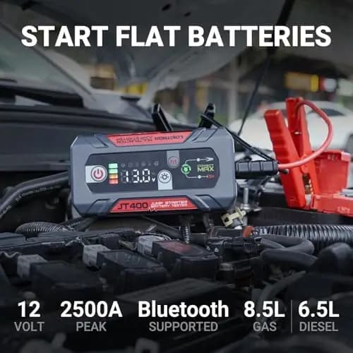 LOKITHOR JT400 Avviatore di Emergenza e Tester Batteria 2500A per Motori Benzina 8.5L/Diesel 6.5L - 100-2000 CCA Booster Portatile 12V