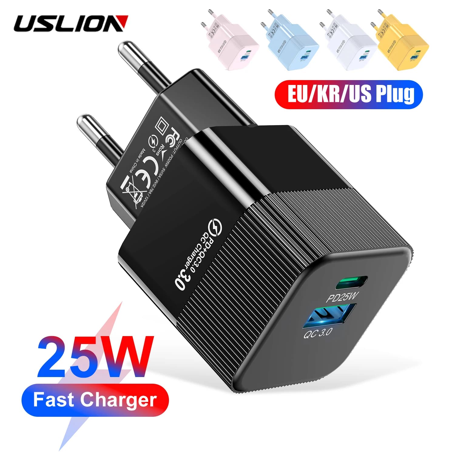 USLION PD 25W Mini USB C Caricatore rapido per telefono per iPhone 15 Pro Max KR Adattatore da viaggio con spina UE USA per Xiaomi 14 Oneplus 12 POCO X6