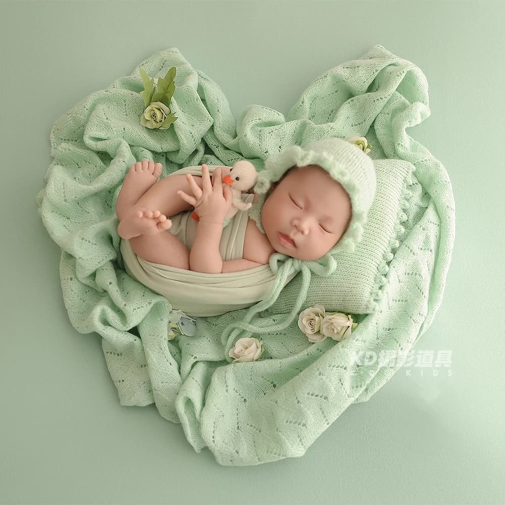 Newborn Photography Props Kit Elastic Wrapping Knitted Hat Pillow Doll Decoration Props Studio 0-1 Month Baby Green Photo Theme