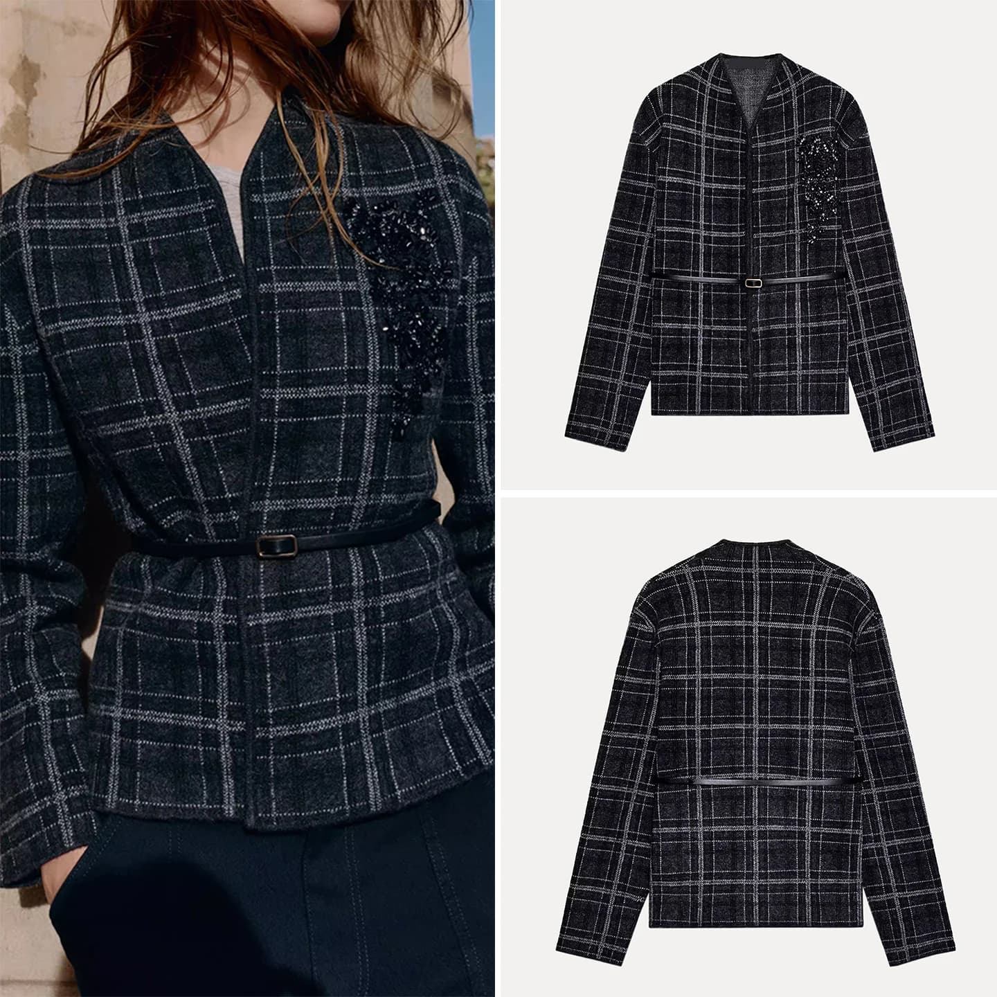 Trendy Plaid Knitted Outerwear with Belt Women's Standard Fit Long Sleeve Coat Autumn 2025 Daily Wear Zadata Ladies Fashion