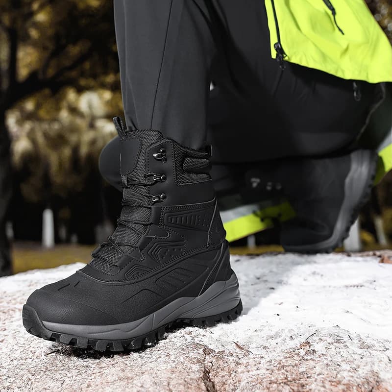 Men's Outdoor Snow Boots with Fleece Lining Waterproof Leather Patchwork Warm Tie-Strap Field Snow Boots for Cold Weather