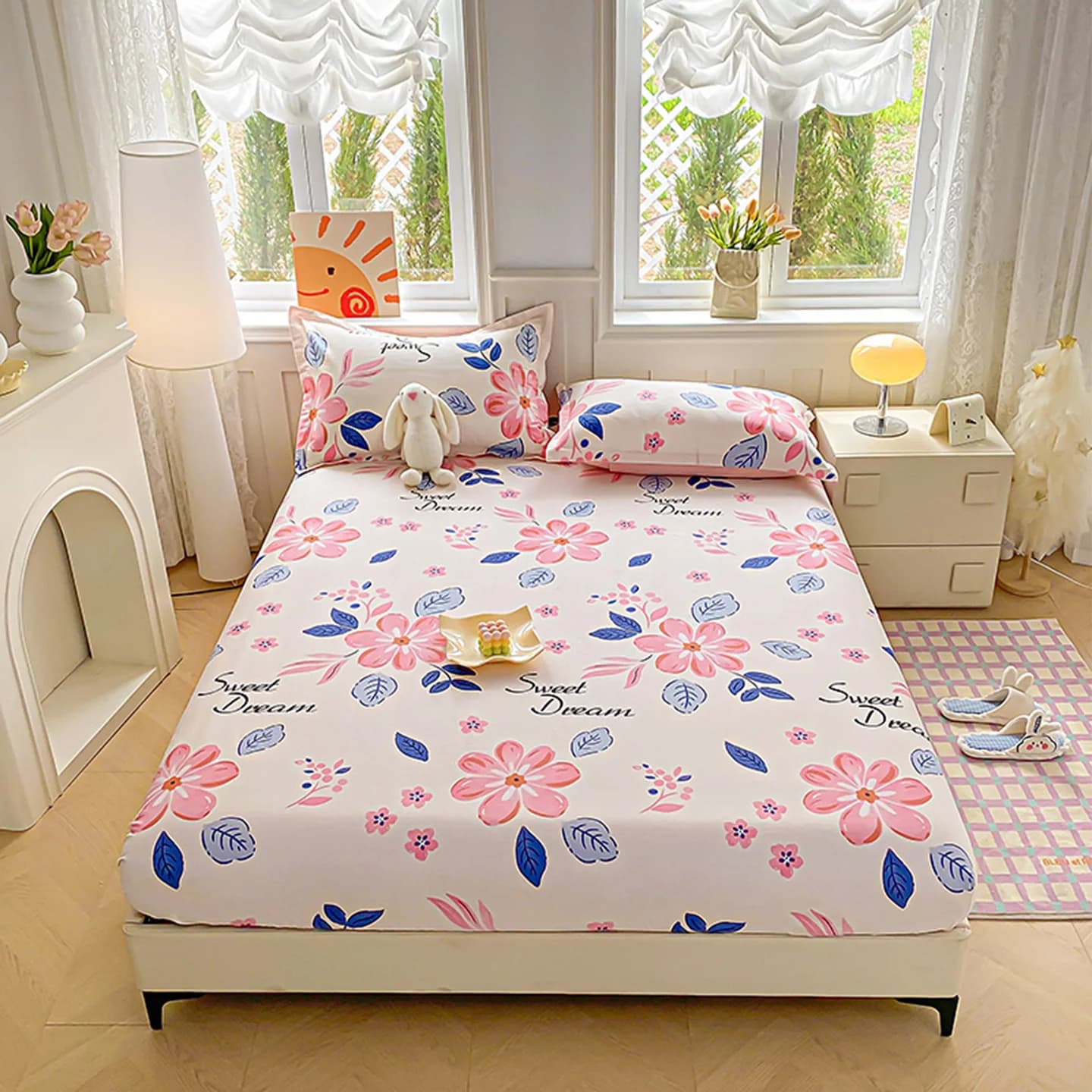 Lenzuolo con Angoli in Puro Cotone 100% Stile Floreale, Misura Singola/Queen/King, con Federa, Lenzuolo in Cotone Puro