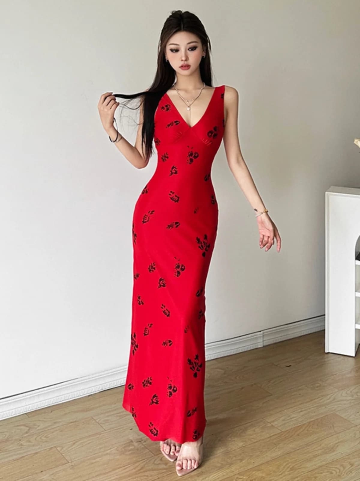 Sisjuly Abito da donna elegante e sexy con stampa floreale estiva, scollo a V, abito lungo a trapezio, in poliestere e spandex, con spalle scoperte, per le vacanze