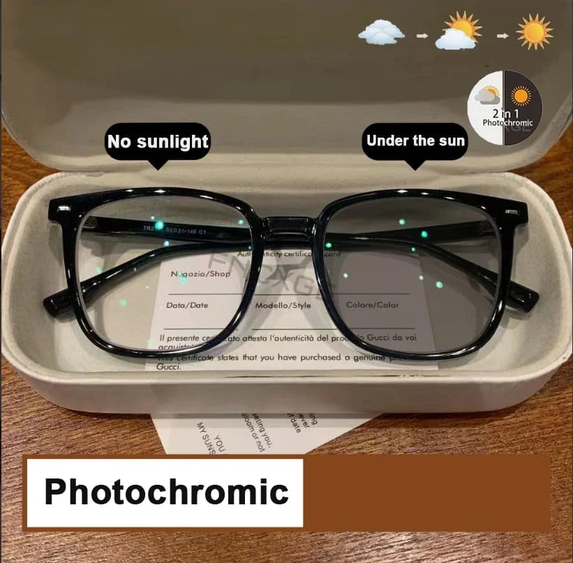 Sunglasses Fashion Trendy Photochromic Anti Blue Light UV400 Square Thick Frame Eyewear Men Outdoor Sunshade