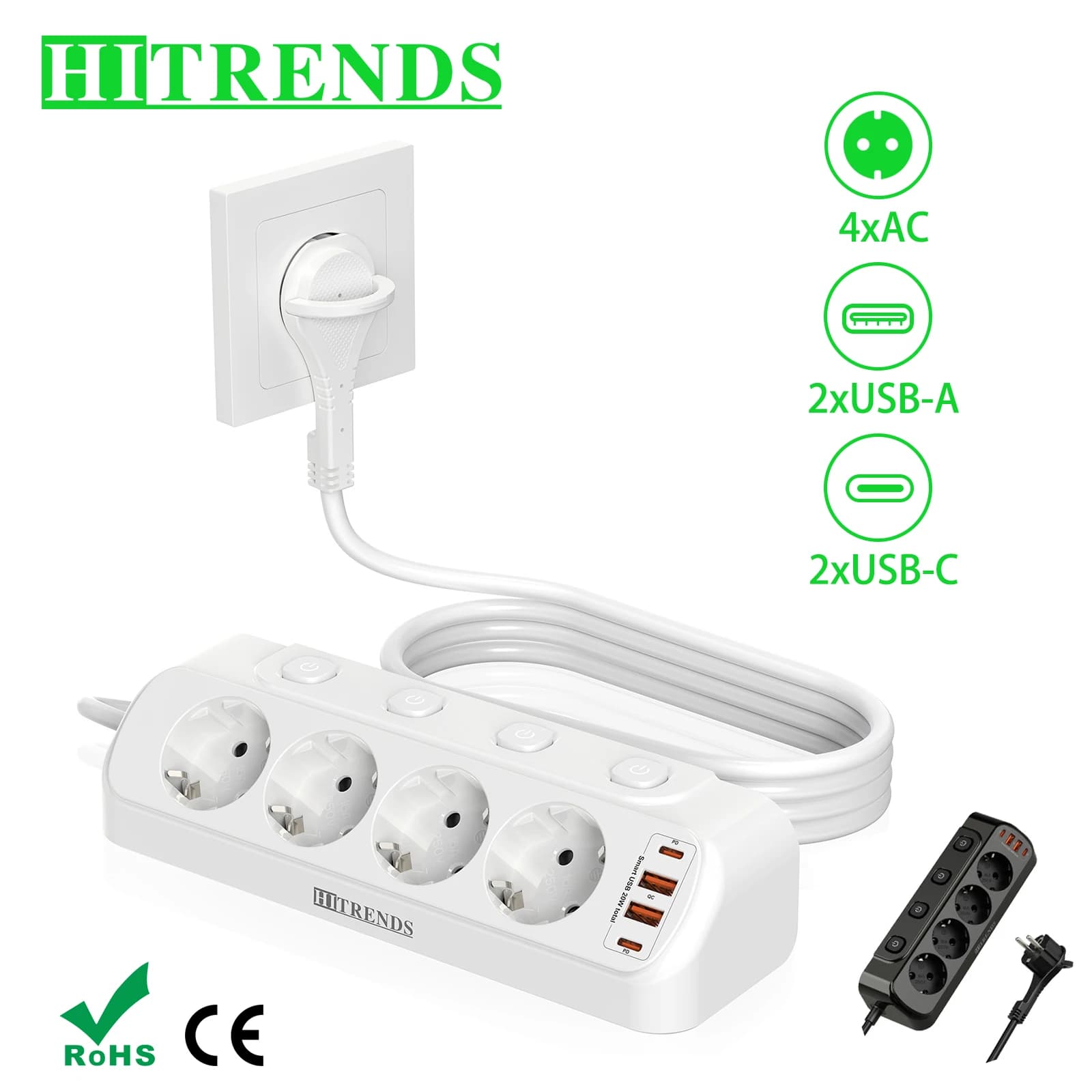 Multi-tap multi-tap with European table socket with 2 USB charger A 2 Type-C PD20W, 2 m long, 4AC kitchen sockets