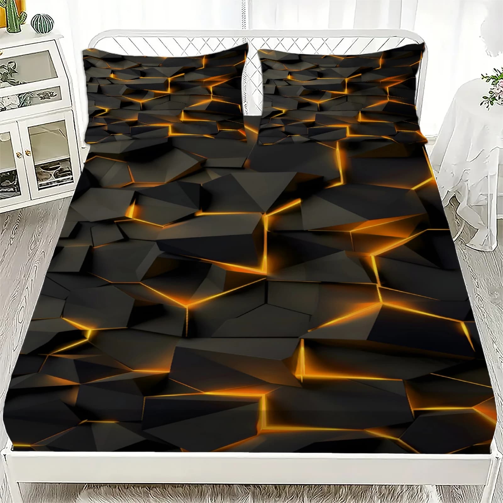 Set of 3 Sheets with Elasticized Corners, Geometric Print Effetto Vertigine, 100% Polyester Breathable, Set Bed Linen for Home Furniture with 2 Faithful