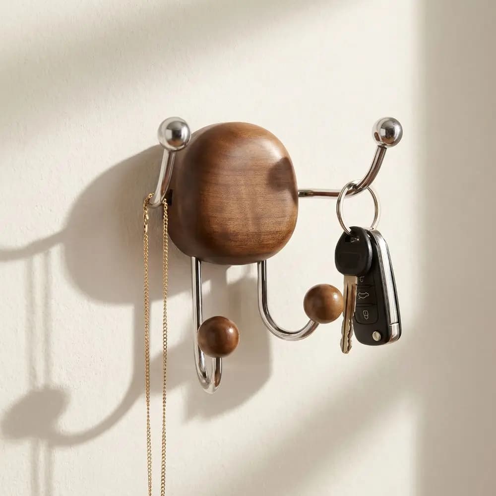 Organizzatore da Parete in Legno Massello con Ganci a Ventosa in Acciaio Inox Senza Tracce, Rimovibile, Senza Foratura, per Ingresso