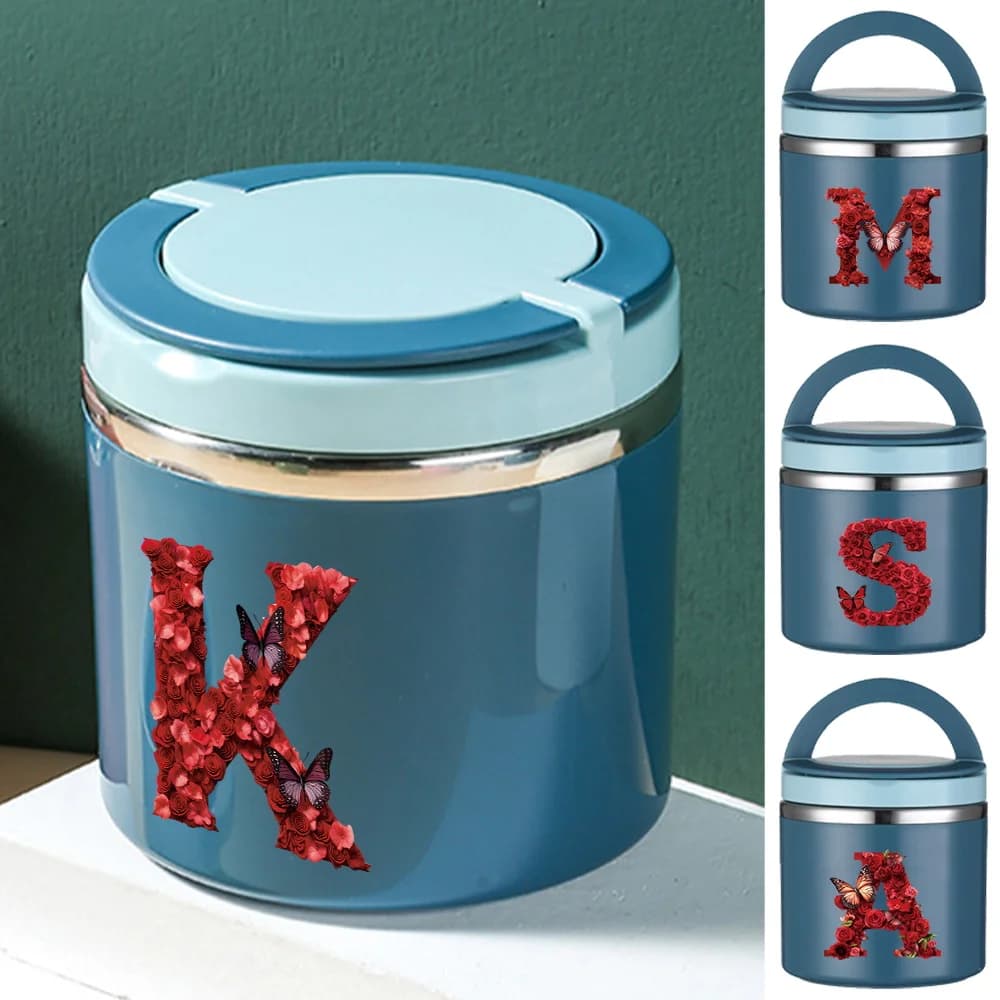 Contenitore Termico per Pranzo con Manico, Design Cilindrico per Lavoratori e Studenti, Ideale per Viaggi, Campeggio e Picnic, Motivo con Rose Rosse e Lettere, Mini Lunch Box