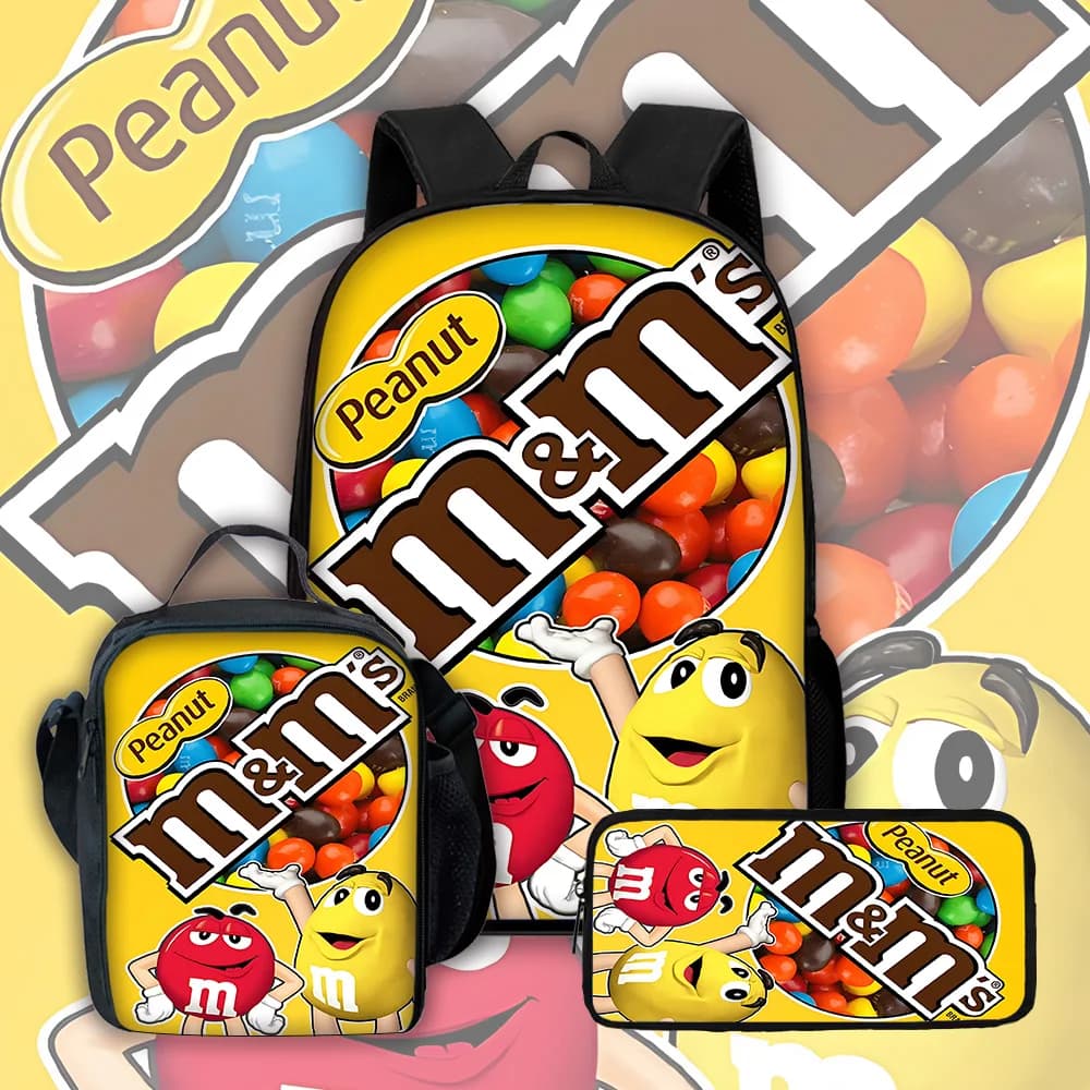 Cartoon Chocolate M-M&M's Logo Child School Backpack with Lunch Bags ,Pencil Bags ,School Bags for Boys Girls Best Gift