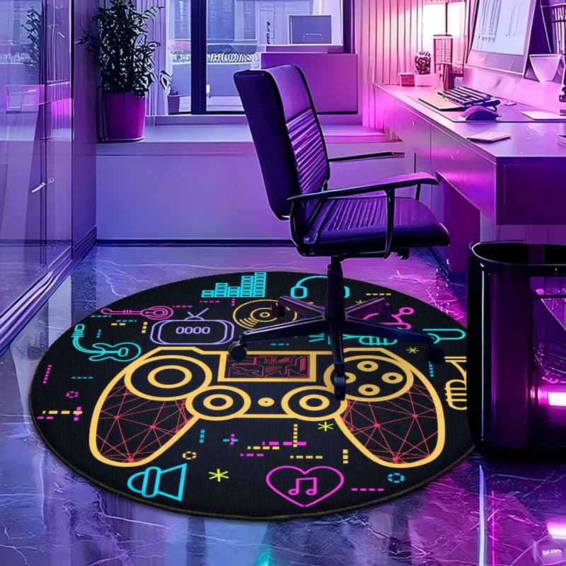 Tappetino rotondo per sedia da gaming VIKAMA Neon Game Controller, antiscivolo, lavabile, per sala giochi, ufficio, camera da letto, decorazione per la casa