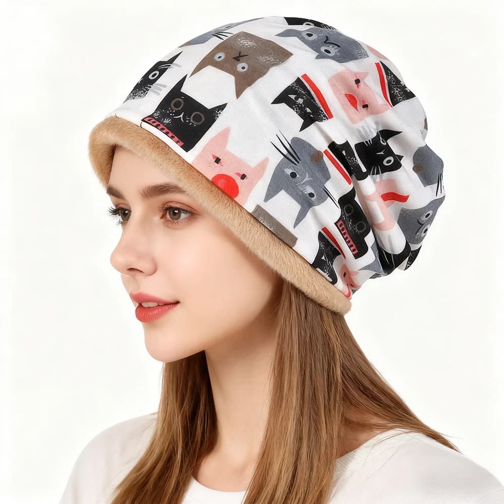 Simpatico cappello lavorato a maglia con motivo a gatto con isolamento in velluto a doppio strato per migliorare la forma del viso e farlo sembrare piccolo, versatile e f
