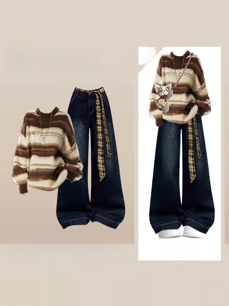 Loose Long Sleeve Sweater And Wide Leg Jeans Set Women's Fashion Autumn Winter Vintage Style Korean Loose Feel Not Show Meat