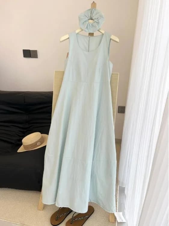 Mint Green Sleeveless U-Neck Dress Women's Summer Loose Slimming Beach Vacation Style Vest Long Skirt A-Line Casual High Waist