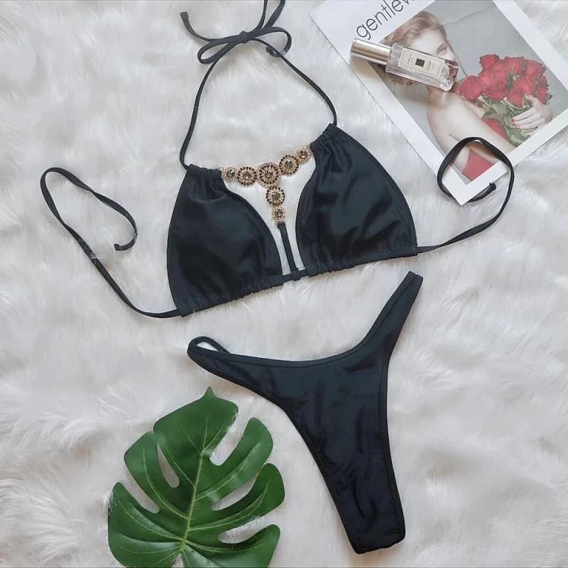 Costume da bagno bikini a due pezzi con cristalli da donna, tinta unita, con laccetti