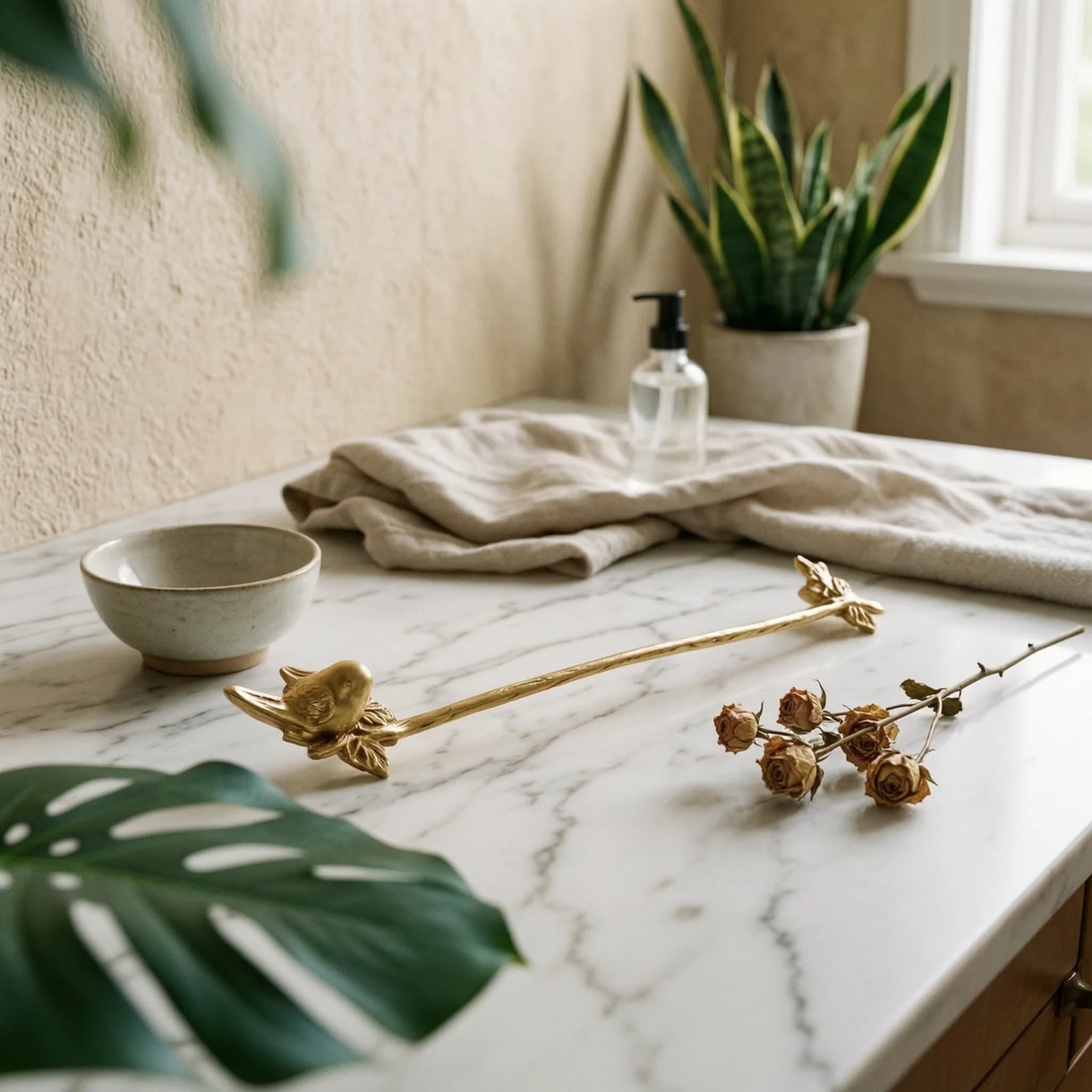 Towel Bar with Bird Motif Wall-Mounted Towel Rod with Floral Motif Hardware Decorative Sturdy for Bathroom, Powder Room