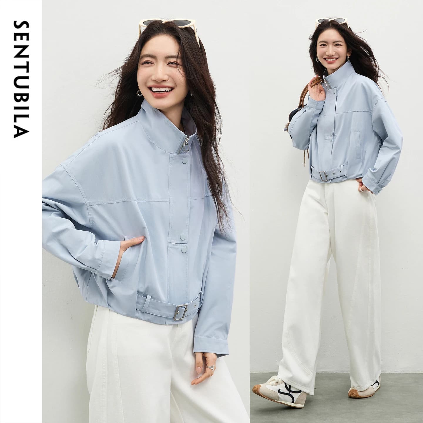 SENTUBILA Short Trench Jacket for Women 2026 Spring Cotton Blend Adjust Belt Stand Up Neck Trench Coat Woman Clothes W61WB6314