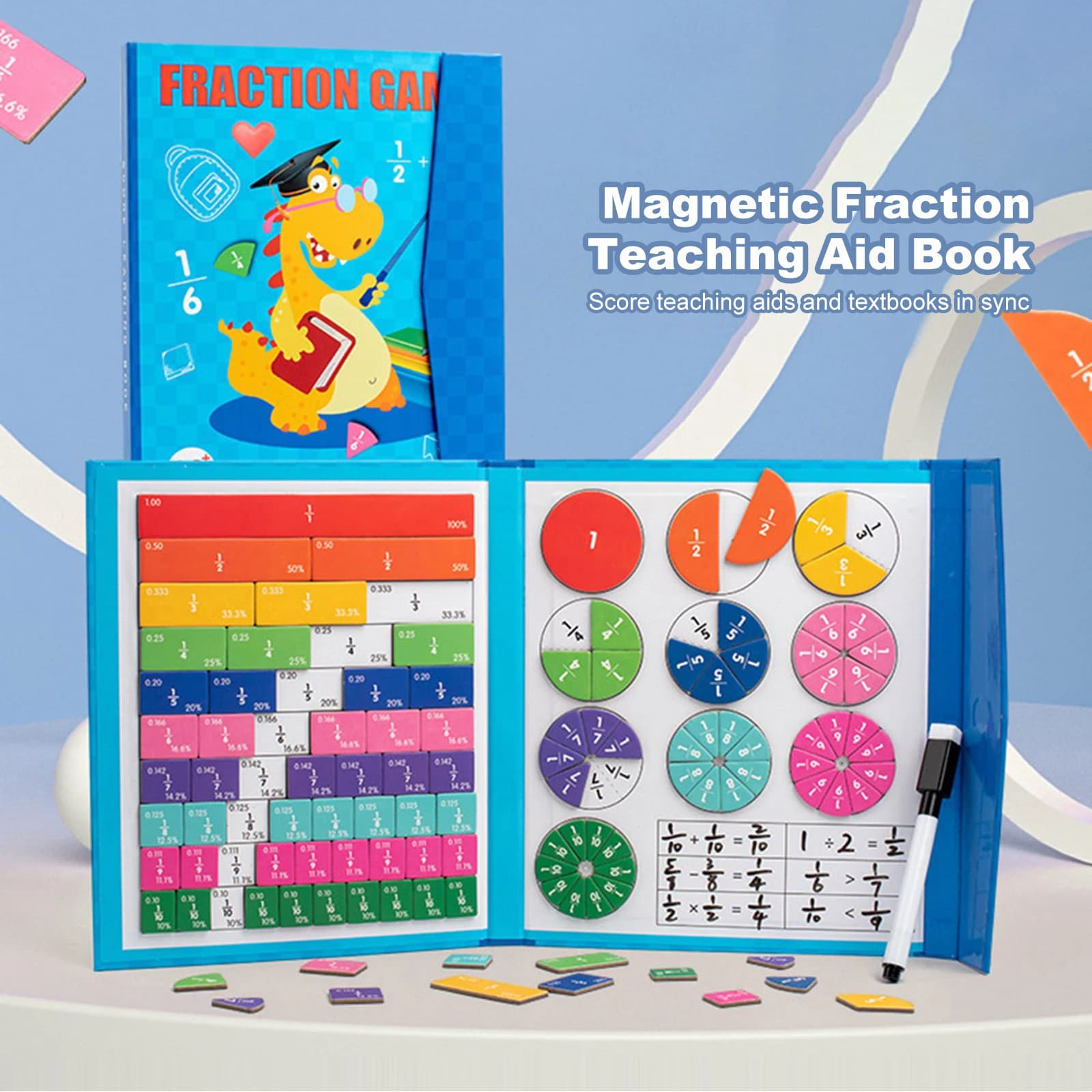 Libro Dimostrativo Montessori di Frazioni Magnetiche, Tessere e Cerchi Magnetici per Frazioni, Libro di Matematica in Legno per Bambini