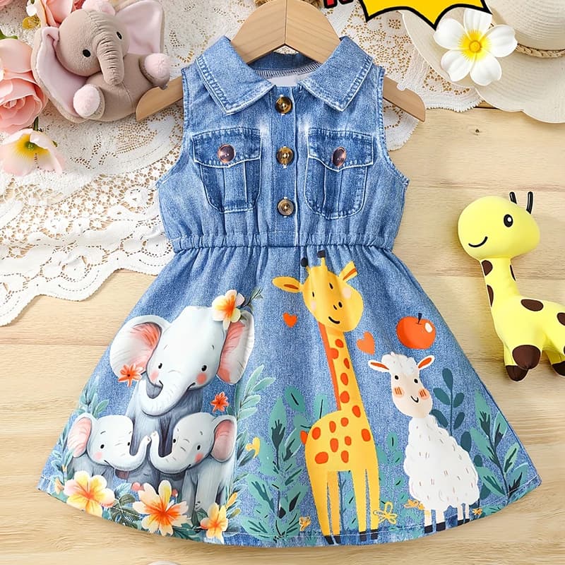 Abito da festa per bambine, casual, alla moda, in finto denim, con colletto a revers, stampa a cartoni animati, regalo, abiti eleganti per bambine.
