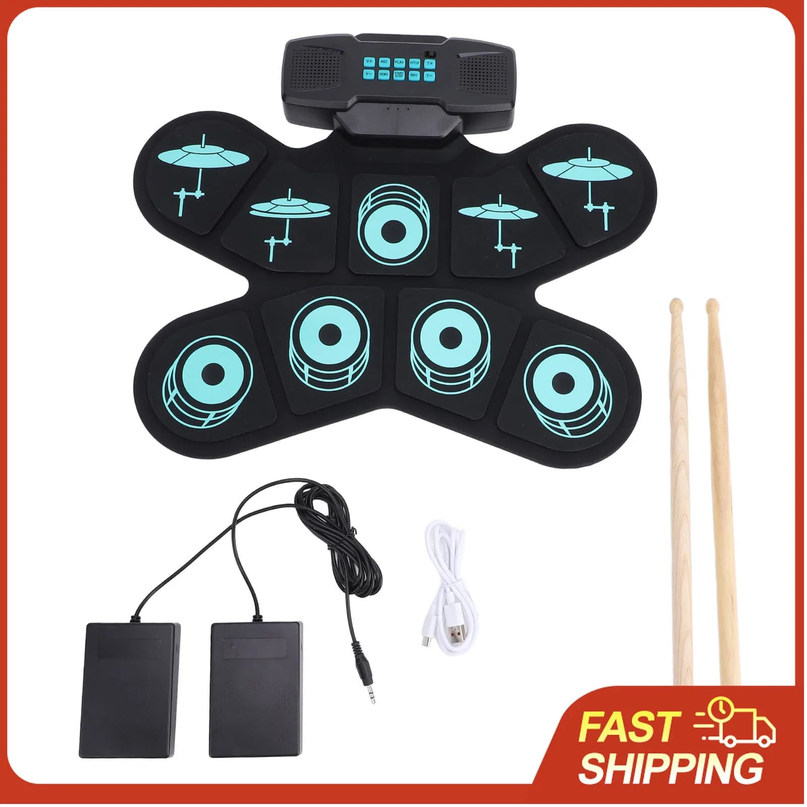 Set di pad per batteria elettrica per bambini, 9 pad arrotolabili, strumento per esercitarsi con bacchette, jack per cuffie, altoparlante, pedali