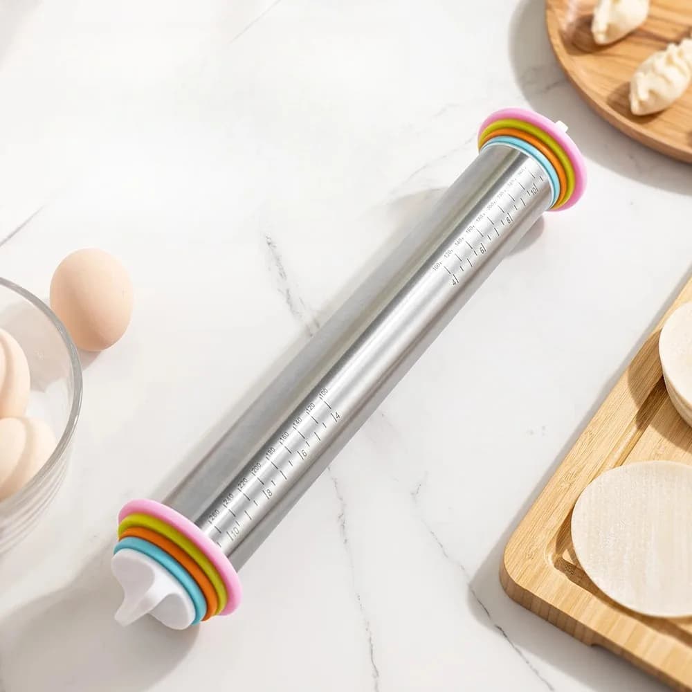 Mattarello Regolabile in Acciaio Inox da 35 cm con 4 Anelli Rimovibili per Impasto, Utensile da Cucina per Pizza e Biscotti