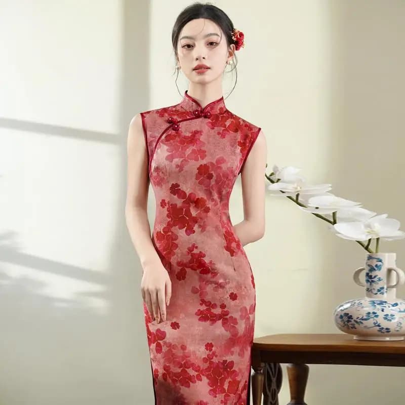 Red Spring Summer New Style Sleeveless Women's Retro Chinese National Style Daily Dress Breathable Polyester Fiber
