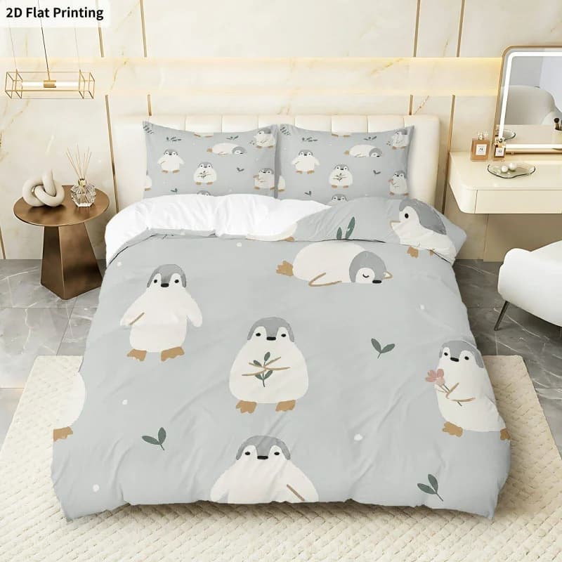 3PCS Duvet Cover, 1 Duvet Cover + 2 Pillowcases (Without Filler), Fresh Style Penguin Cozy Nordic Arctic Theme