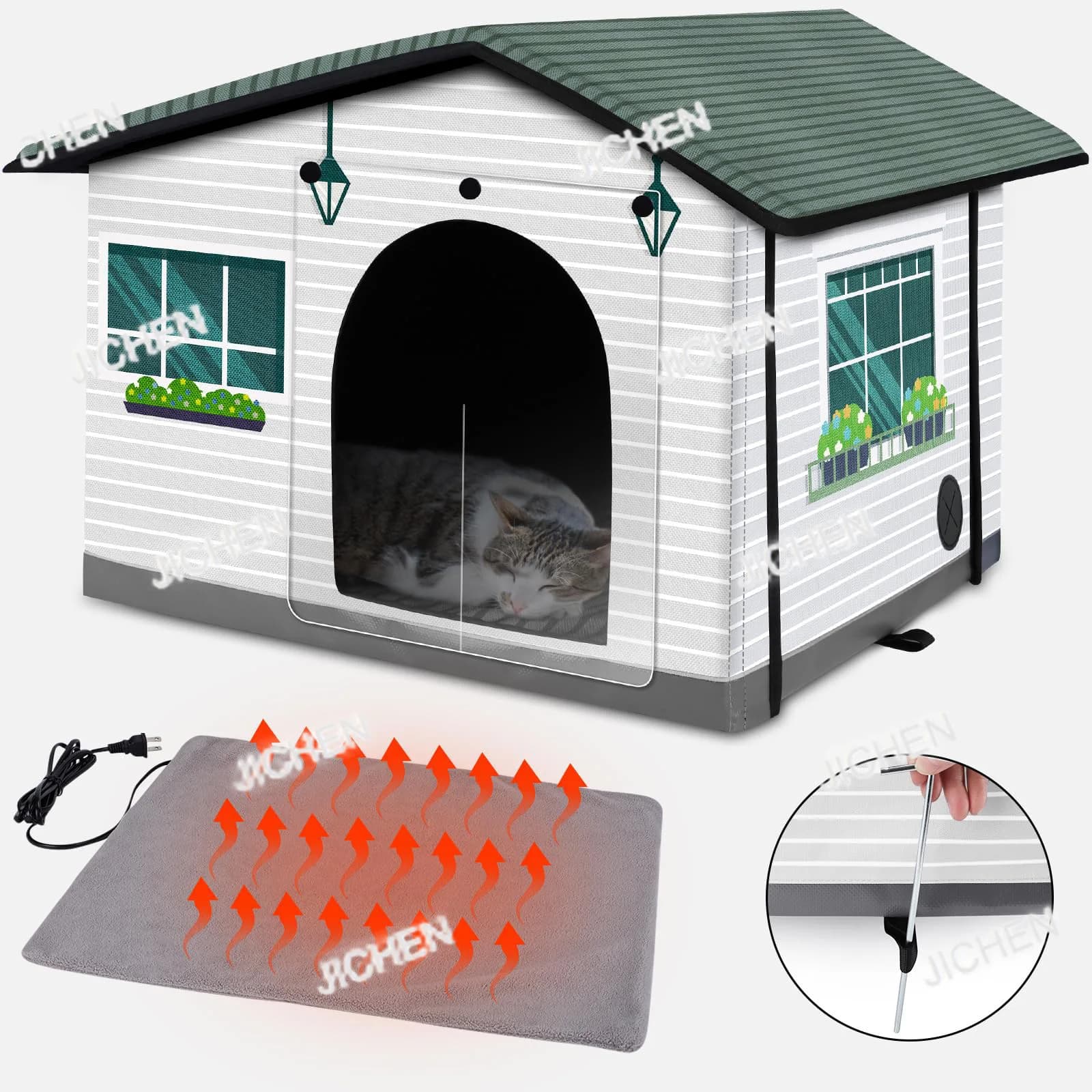 Cuccia per gatti da esterno JC, calda in inverno, impermeabile universale per tutte le stagioni, cuccia a forma di casa in tessuto Oxford per gatti randagi
