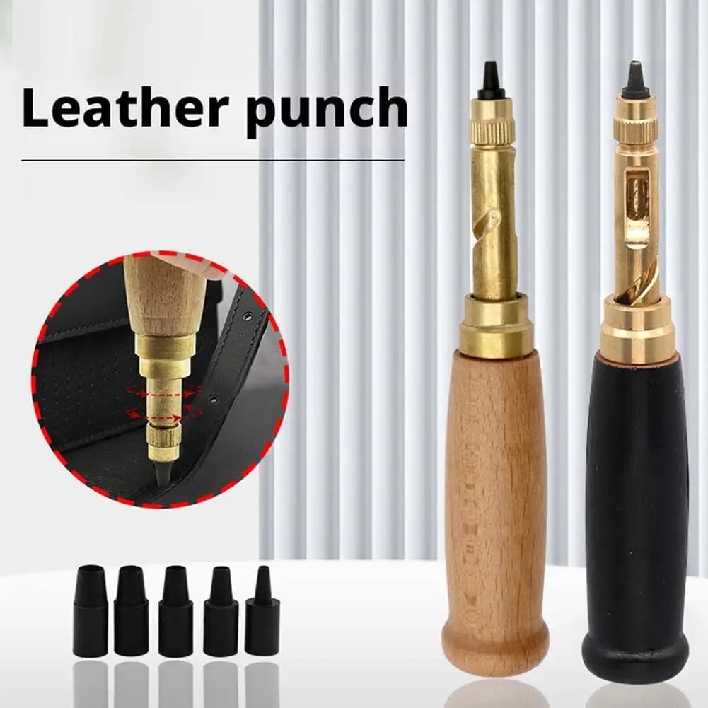 Strumento per Forare il Cuoio, Perforatore Automatico con Manico in Legno, Punzone Cavo con 6 Punte per Cinture in Pelle, Borse, Bracciali